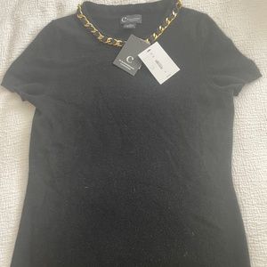black cashmere tee sweater with gold chain neckline - size M NWT